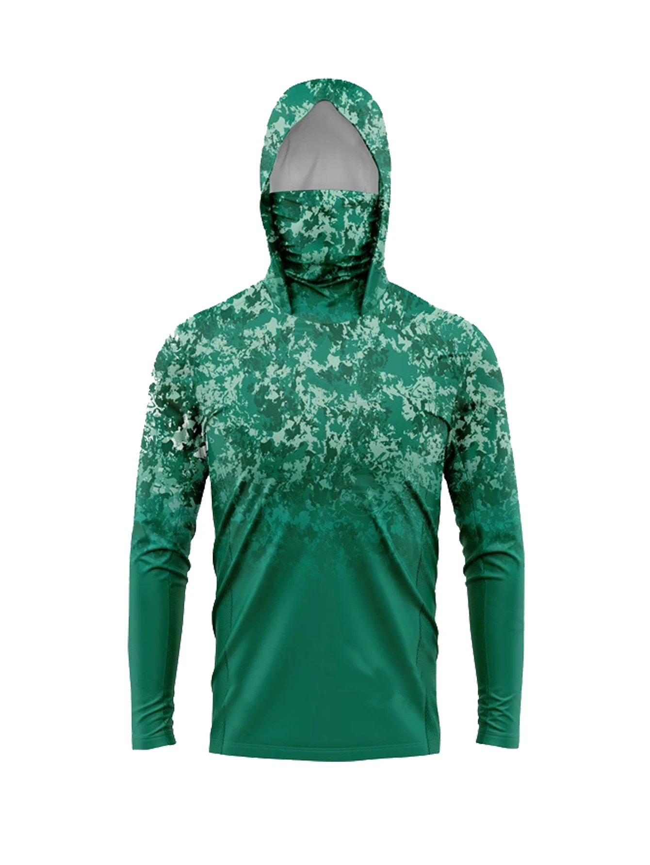 Fishing Mask Sun Protection - メンズUPF50+日焼け防止フィッシングフーディー、フェイスマスク付き、グリーンデジタルカモフラージュ、速乾性、UVカット、ボート、ハンティング用長袖シャツ
